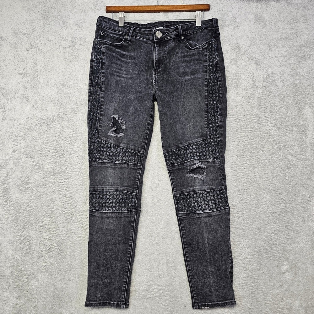 True Religion Halle Mid Rise Super Skinny Moto Jeans Faded Women's 32 Distressed